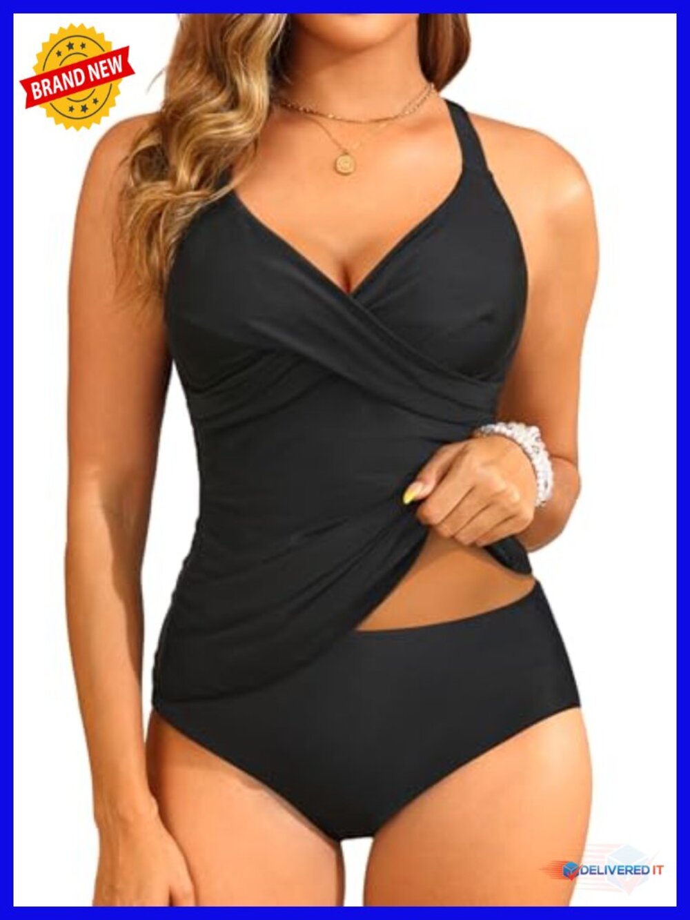 Tummy Control Tankini Set - Ruched Two Piece Swimwear with Underwire V Neck